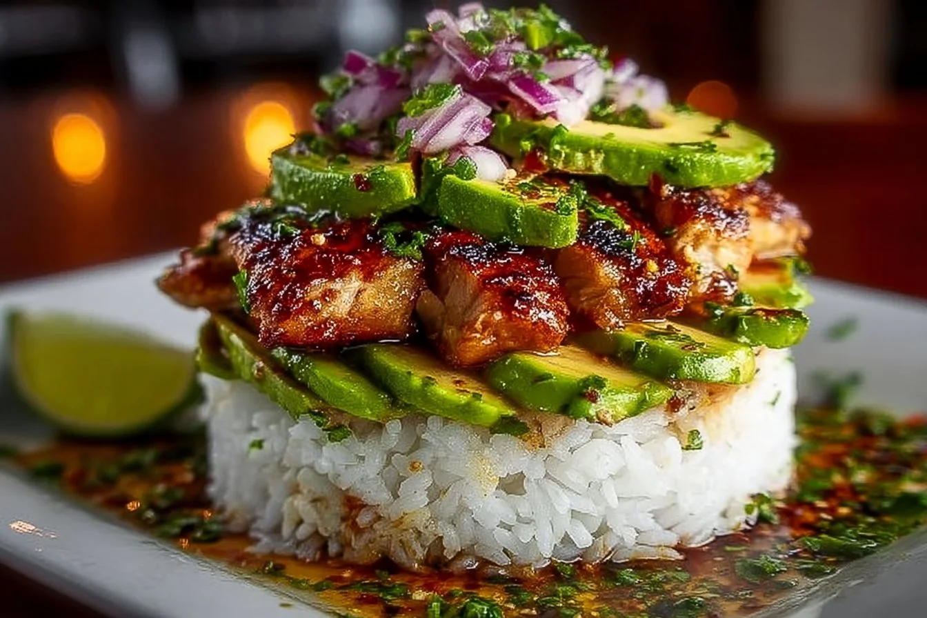 Honey Lime Chicken served over avocado rice stack