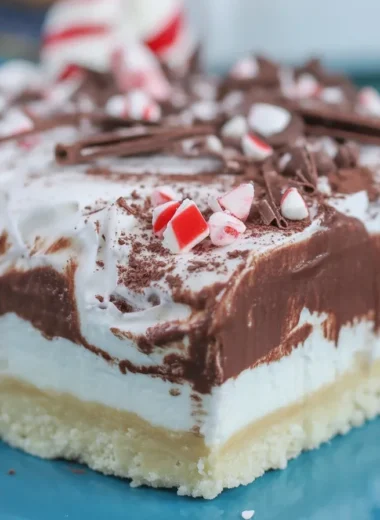 Chocolate Peppermint 4 Layer Dessert with layers of creamy chocolate and peppermint.