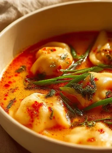 Bowl of irresistible coconut curry soup with dumplings, vibrant and flavorful
