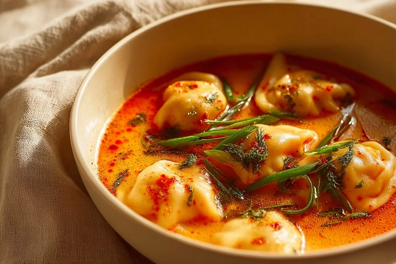 Bowl of irresistible coconut curry soup with dumplings, vibrant and flavorful
