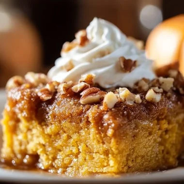 Delicious pumpkin dump cake served on a fall-themed plate