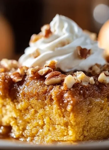 Delicious pumpkin dump cake served on a fall-themed plate