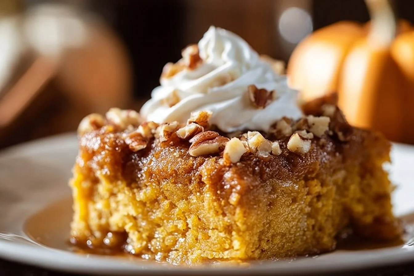 Delicious pumpkin dump cake served on a fall-themed plate