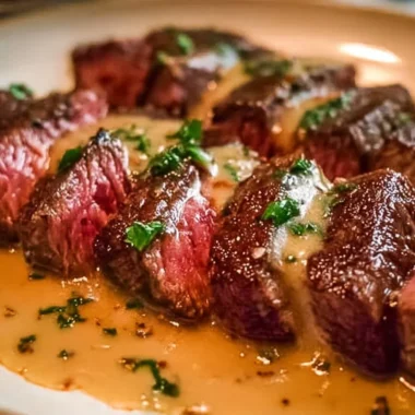 Juicy steak topped with creamy garlic sauce on a plate
