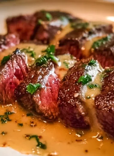 Juicy steak topped with creamy garlic sauce on a plate