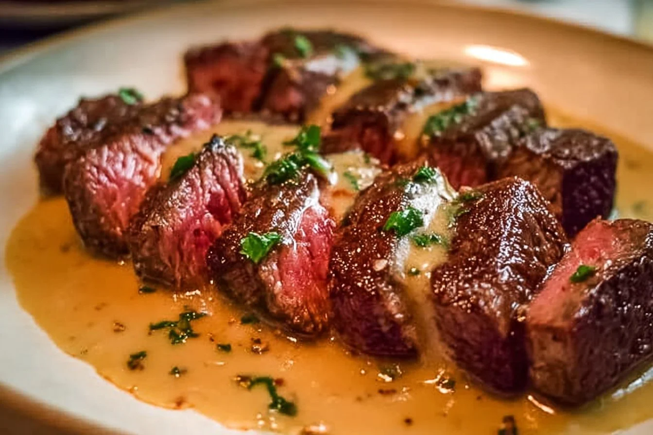 Juicy steak topped with creamy garlic sauce on a plate