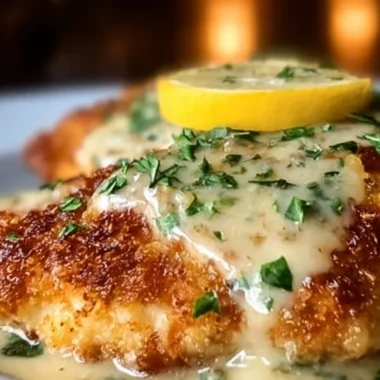 Lemon Pecorino Crusted Chicken served with creamy lemon sauce