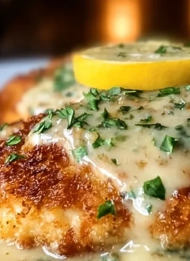 Lemon Pecorino Crusted Chicken served with creamy lemon sauce
