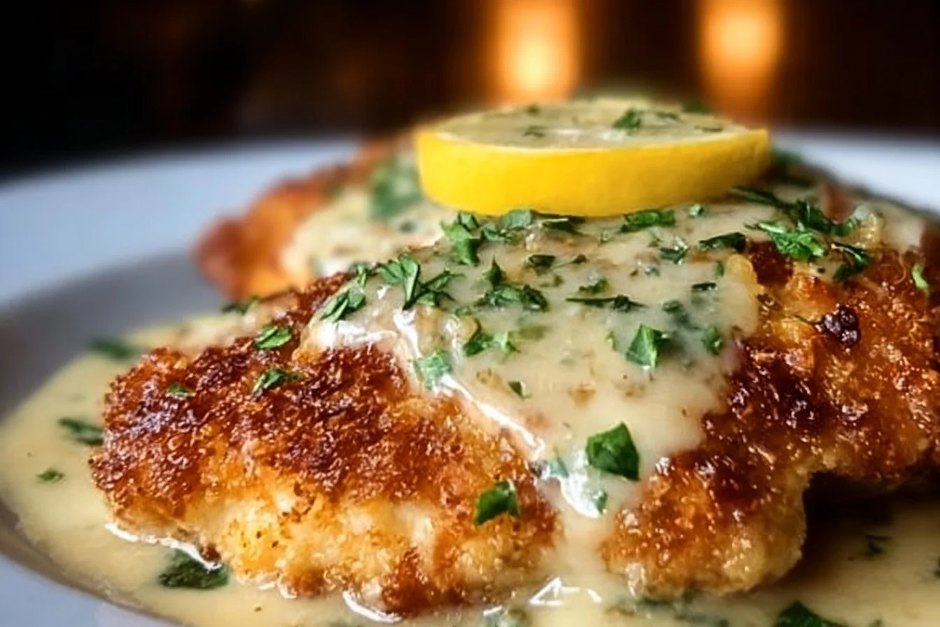 Lemon Pecorino Crusted Chicken served with creamy lemon sauce