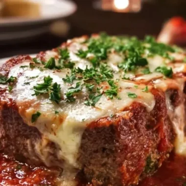 Mozzarella-stuffed Italian meatloaf served on a plate with herbs and sauce.