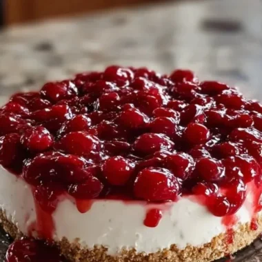No-bake cherry cheesecake topped with fresh cherries and whipped cream
