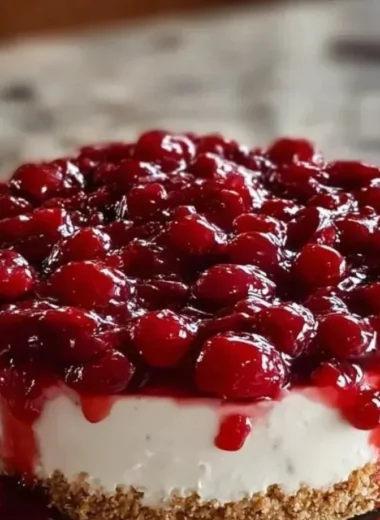 No-bake cherry cheesecake topped with fresh cherries and whipped cream