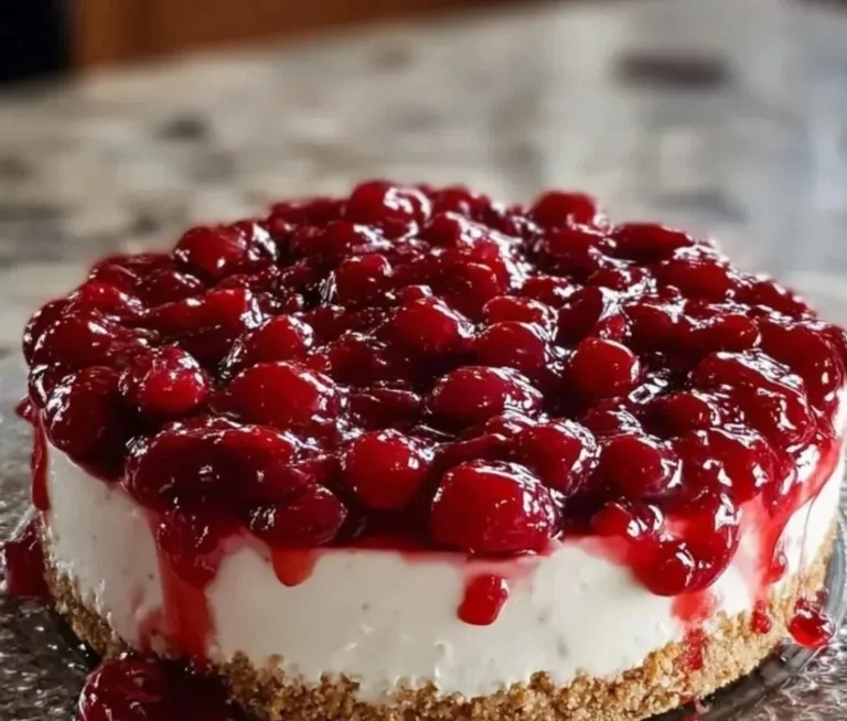 No-bake cherry cheesecake topped with fresh cherries and whipped cream