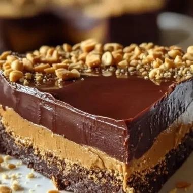 Slice of no-bake chocolate peanut butter pie garnished with chocolate drizzle and peanuts
