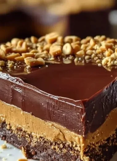 Slice of no-bake chocolate peanut butter pie garnished with chocolate drizzle and peanuts