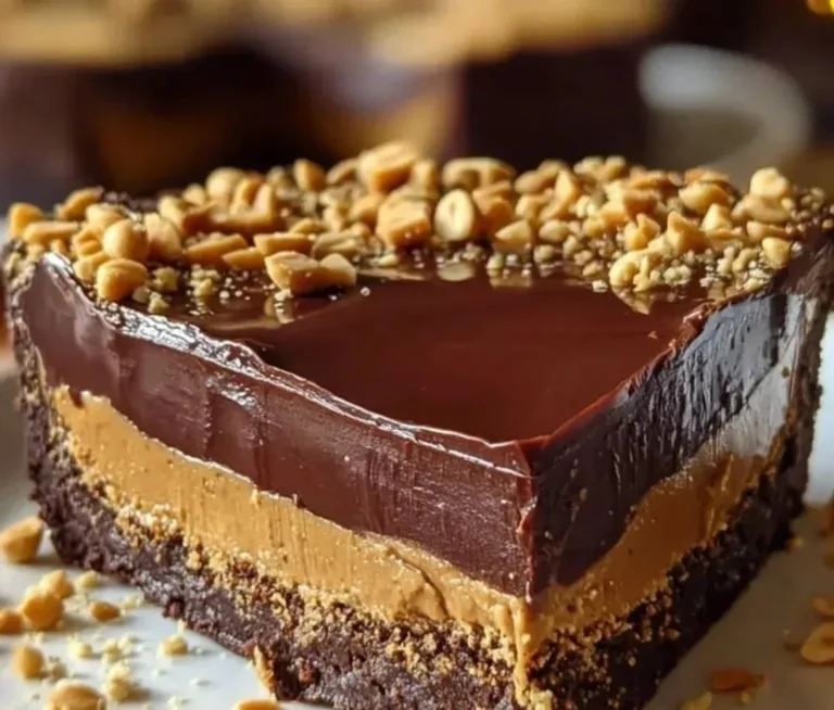 Slice of no-bake chocolate peanut butter pie garnished with chocolate drizzle and peanuts