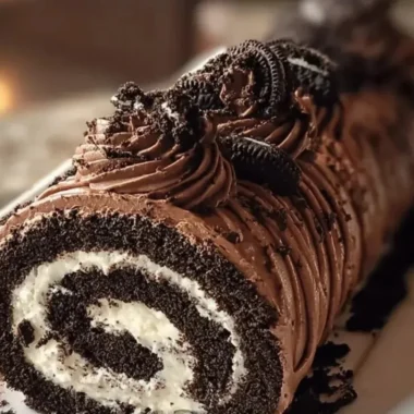 Oreo Cream Chocolate Roll dessert with chocolate icing and Oreo cookie garnish
