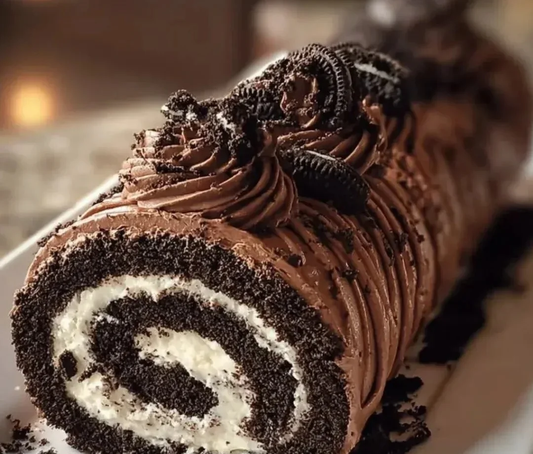 Oreo Cream Chocolate Roll dessert with chocolate icing and Oreo cookie garnish