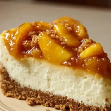 Slice of Peach Cobbler Cheesecake with fresh peaches and a buttery crust
