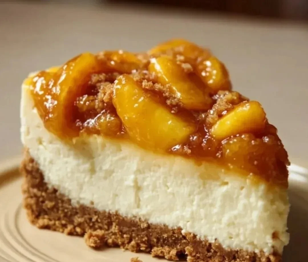 Slice of Peach Cobbler Cheesecake with fresh peaches and a buttery crust
