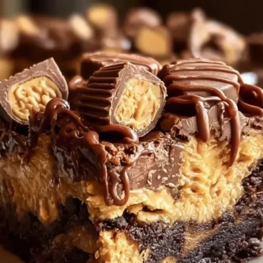 Delicious Peanut Butter Cup Dump Cake topped with chocolate and peanut butter.