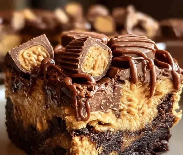 Delicious Peanut Butter Cup Dump Cake topped with chocolate and peanut butter.