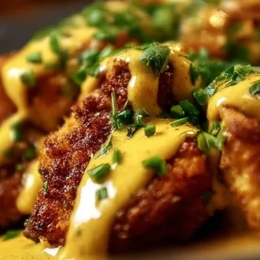 Crispy Pretzel Chicken drizzled with Mustard-Cheddar Sauce on a plate