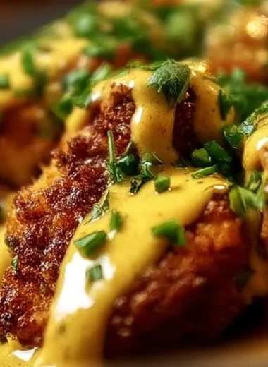 Crispy Pretzel Chicken drizzled with Mustard-Cheddar Sauce on a plate