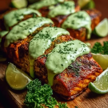 Baked Cajun salmon topped with avocado lime sauce on a plate
