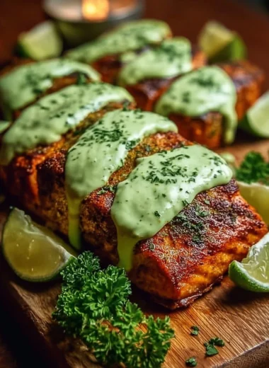 Baked Cajun salmon topped with avocado lime sauce on a plate