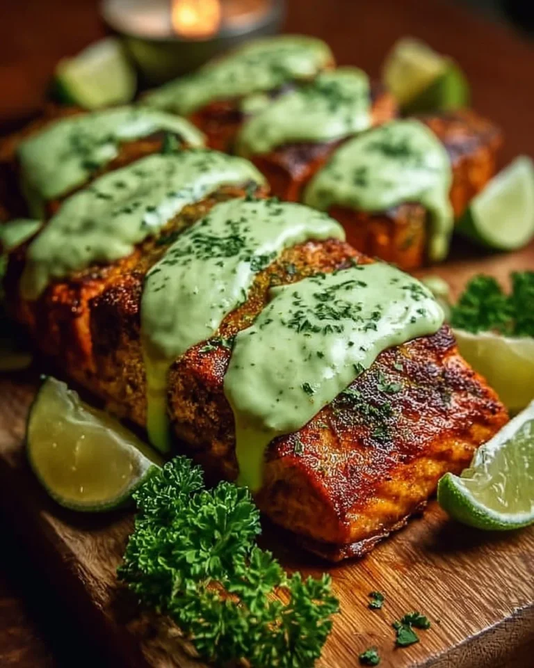 Baked Cajun salmon topped with avocado lime sauce on a plate