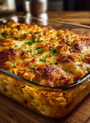 BBQ Ranch Chicken Casserole served in a baking dish, garnished with green onions.