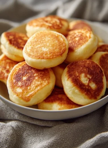 Delicious breakfast pancake poppers served with syrup and berries.
