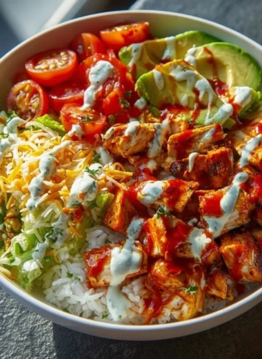 Bowl of flavorful Buffalo Chicken with fresh toppings and sides