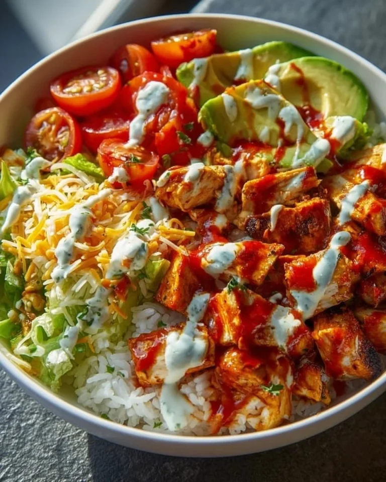 Bowl of flavorful Buffalo Chicken with fresh toppings and sides