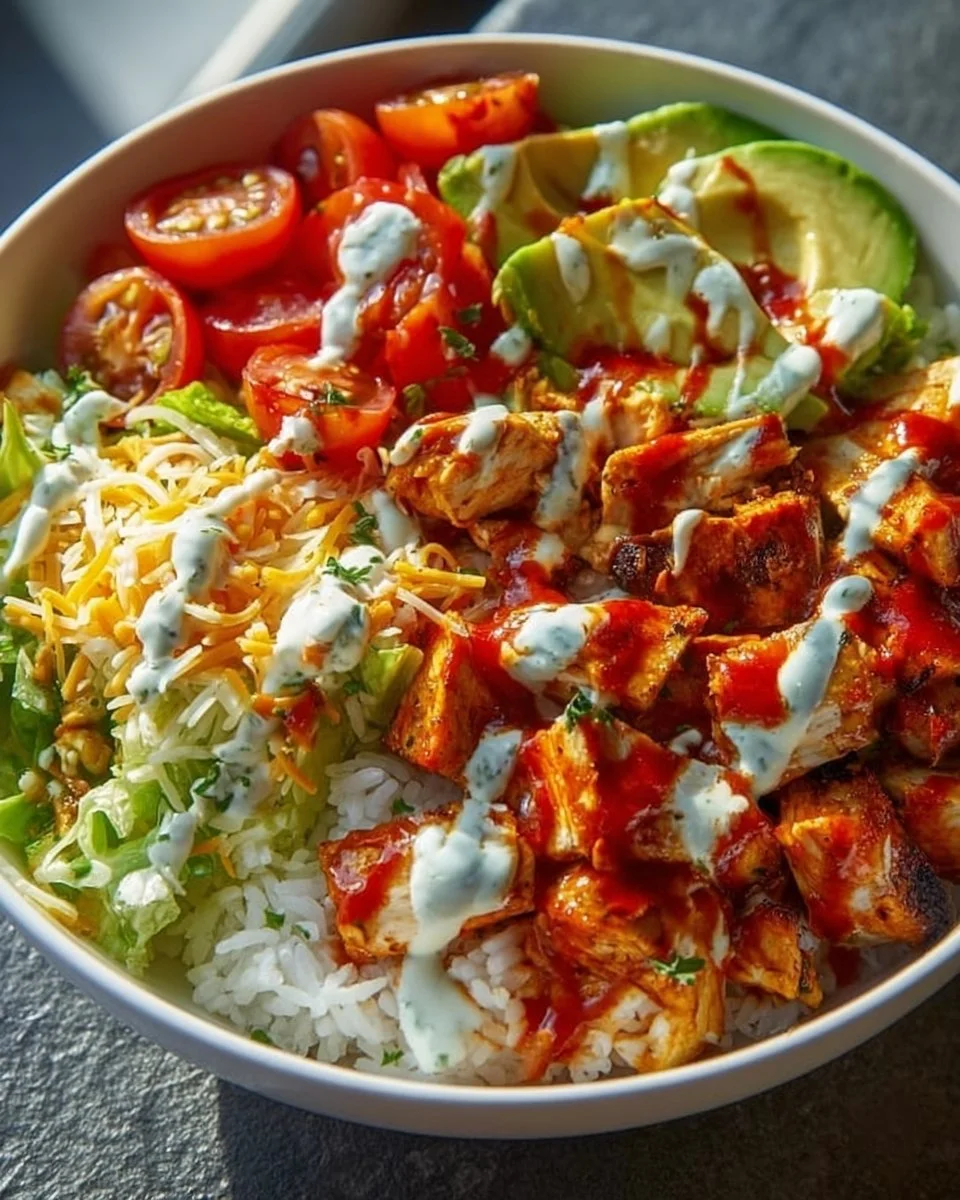 Bowl of flavorful Buffalo Chicken with fresh toppings and sides