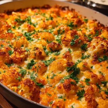Buffalo Chicken Cauliflower Casserole topped with cheese and spicy sauce