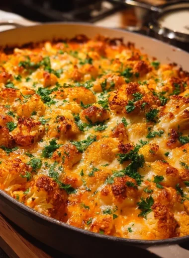 Buffalo Chicken Cauliflower Casserole topped with cheese and spicy sauce