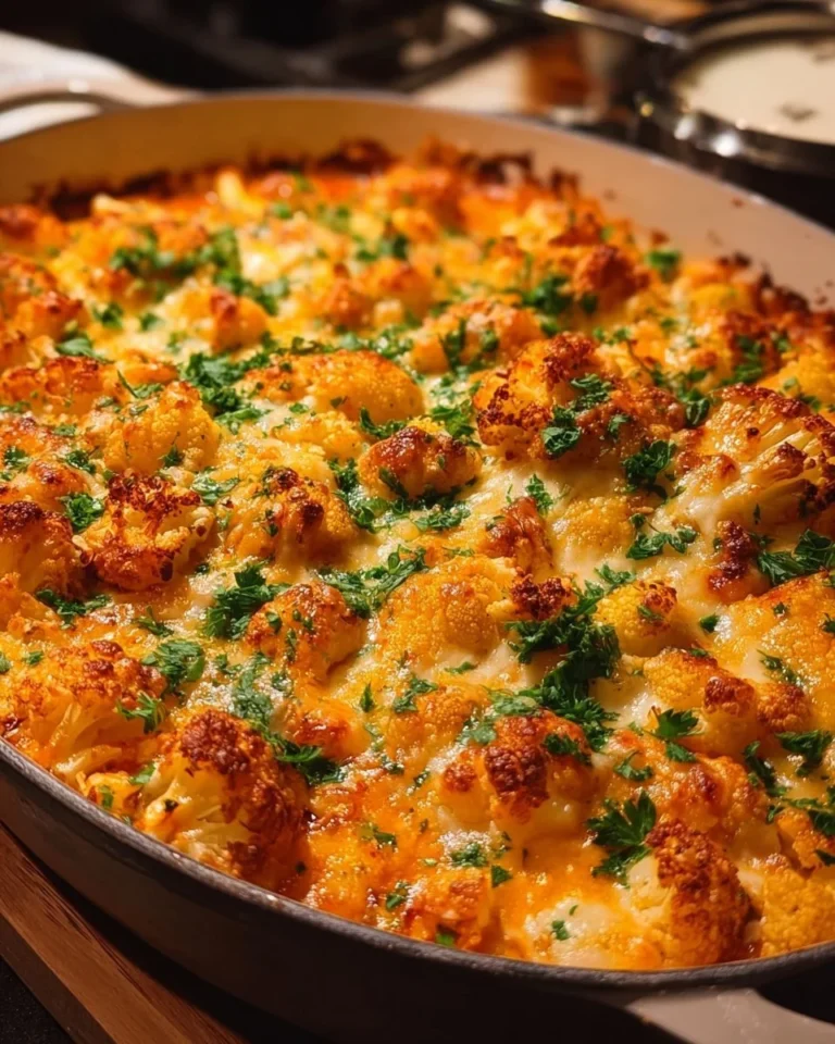 Buffalo Chicken Cauliflower Casserole topped with cheese and spicy sauce
