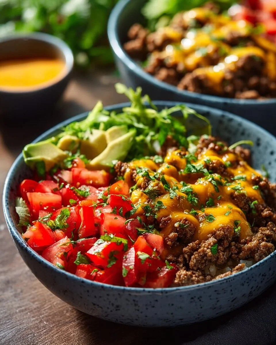 Delicious cheeseburger bowls with fresh toppings and ingredients