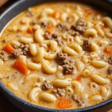 Bowl of creamy cheeseburger macaroni soup topped with cheese and herbs