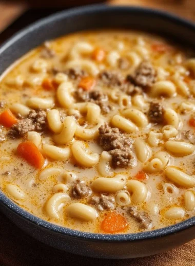 Bowl of creamy cheeseburger macaroni soup topped with cheese and herbs