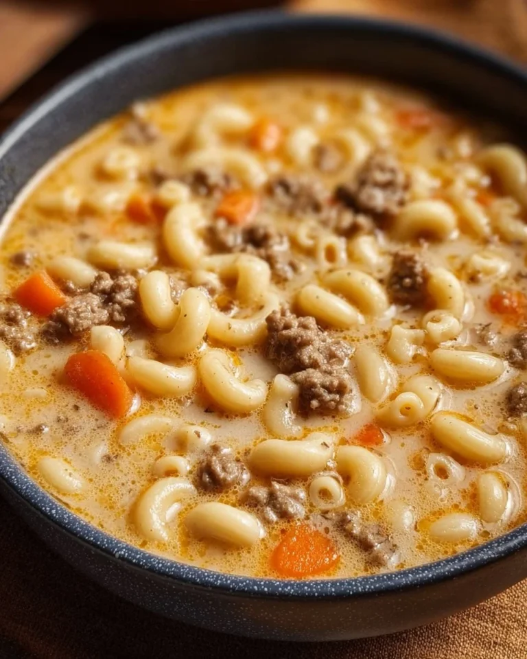 Bowl of creamy cheeseburger macaroni soup topped with cheese and herbs