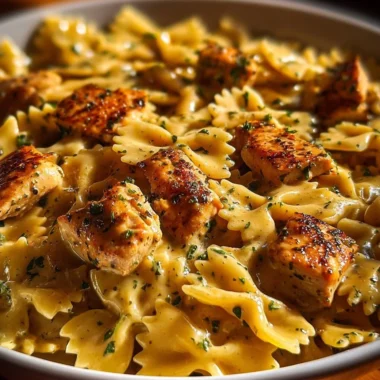Cheesy garlic butter chicken bowties served on a plate