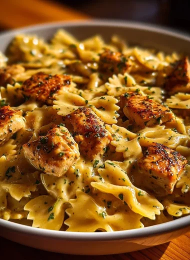 Cheesy garlic butter chicken bowties served on a plate