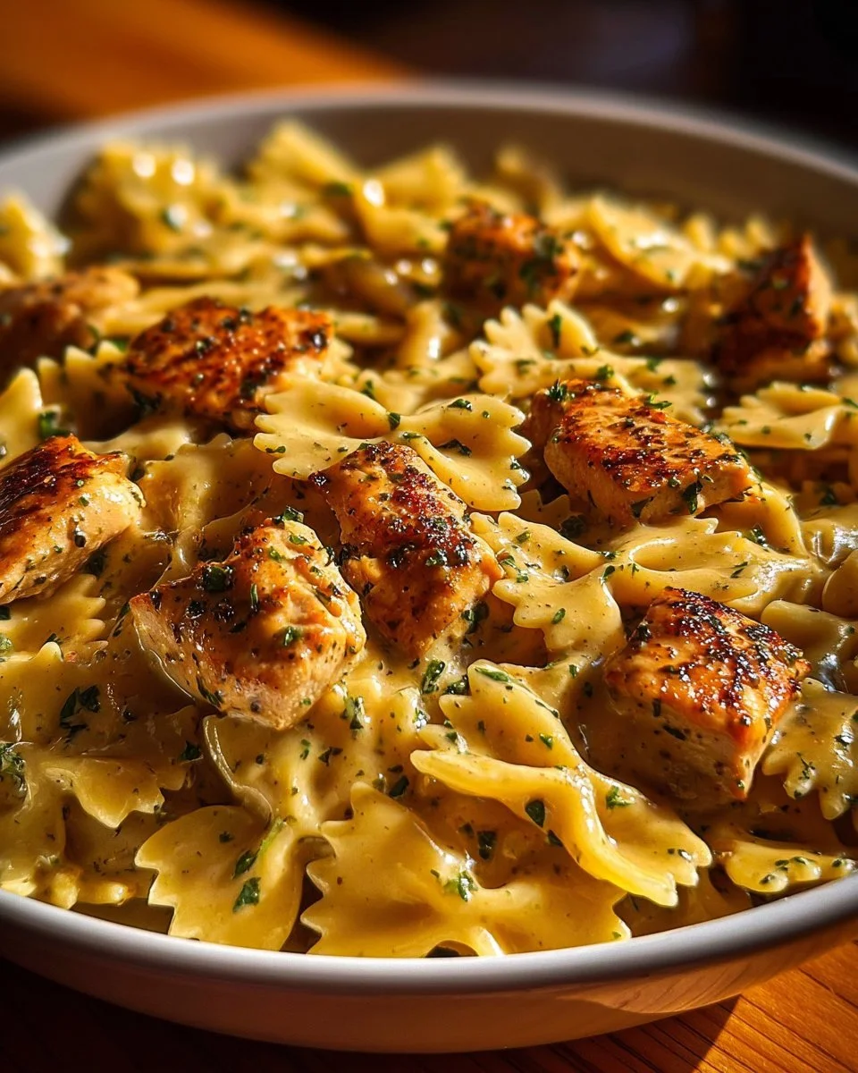 Cheesy garlic butter chicken bowties served on a plate