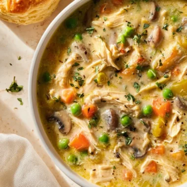 Delicious Chicken Pot Pie Soup served in a bowl with fresh herbs