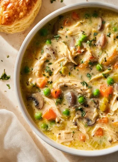 Delicious Chicken Pot Pie Soup served in a bowl with fresh herbs