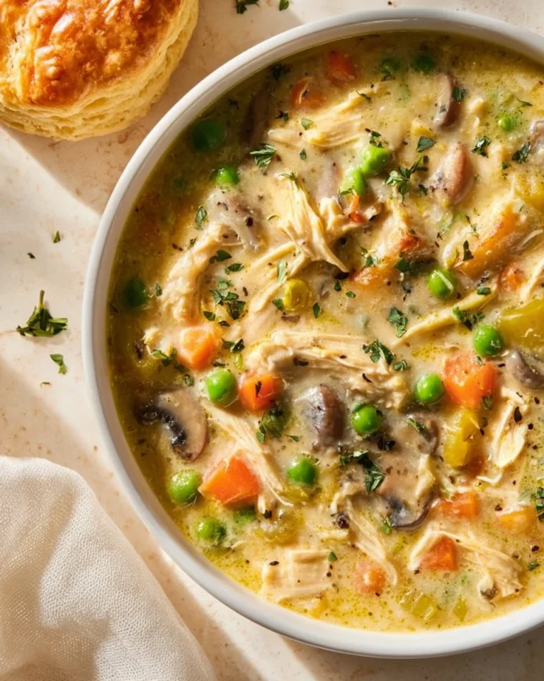 Delicious Chicken Pot Pie Soup served in a bowl with fresh herbs