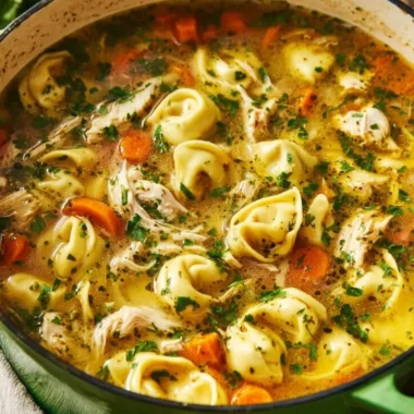 Bowl of Chicken Tortellini soup with fresh herbs and vegetables